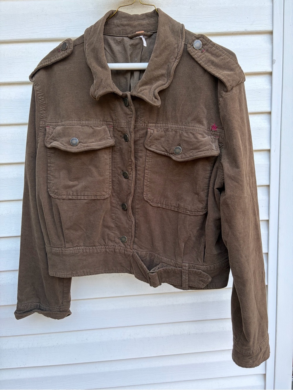 Free People Olive Green Military Utility Jacket Large Cotton Twill Belted Boho